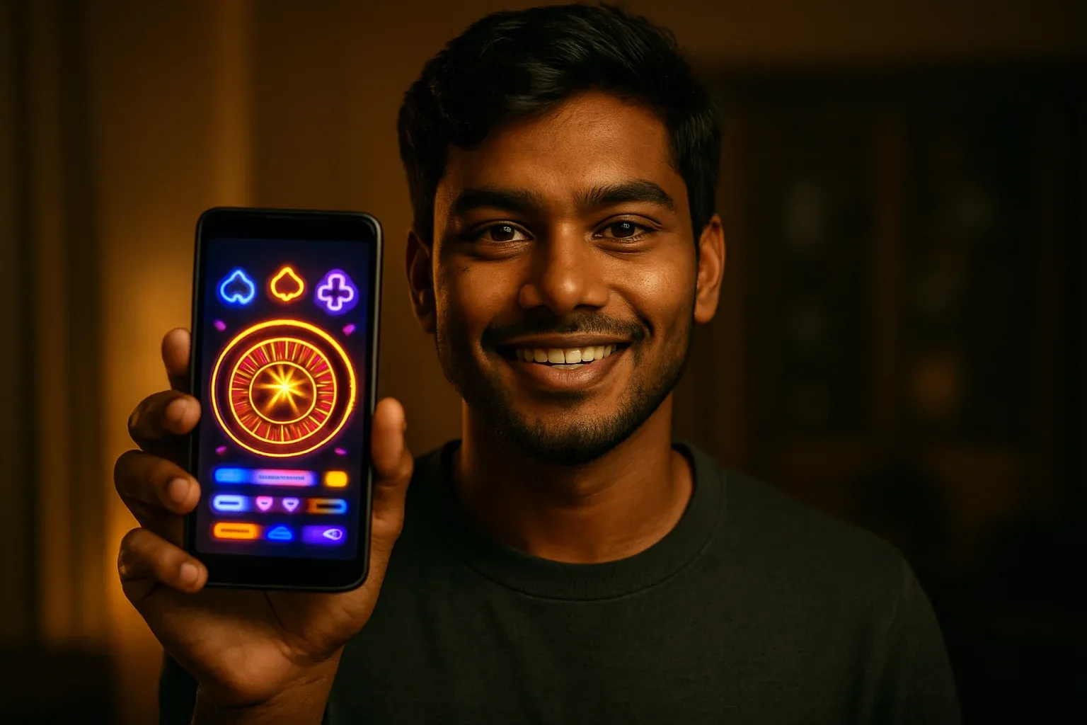 Young Bangladeshi man holding smartphone showing colorful mobile casino app