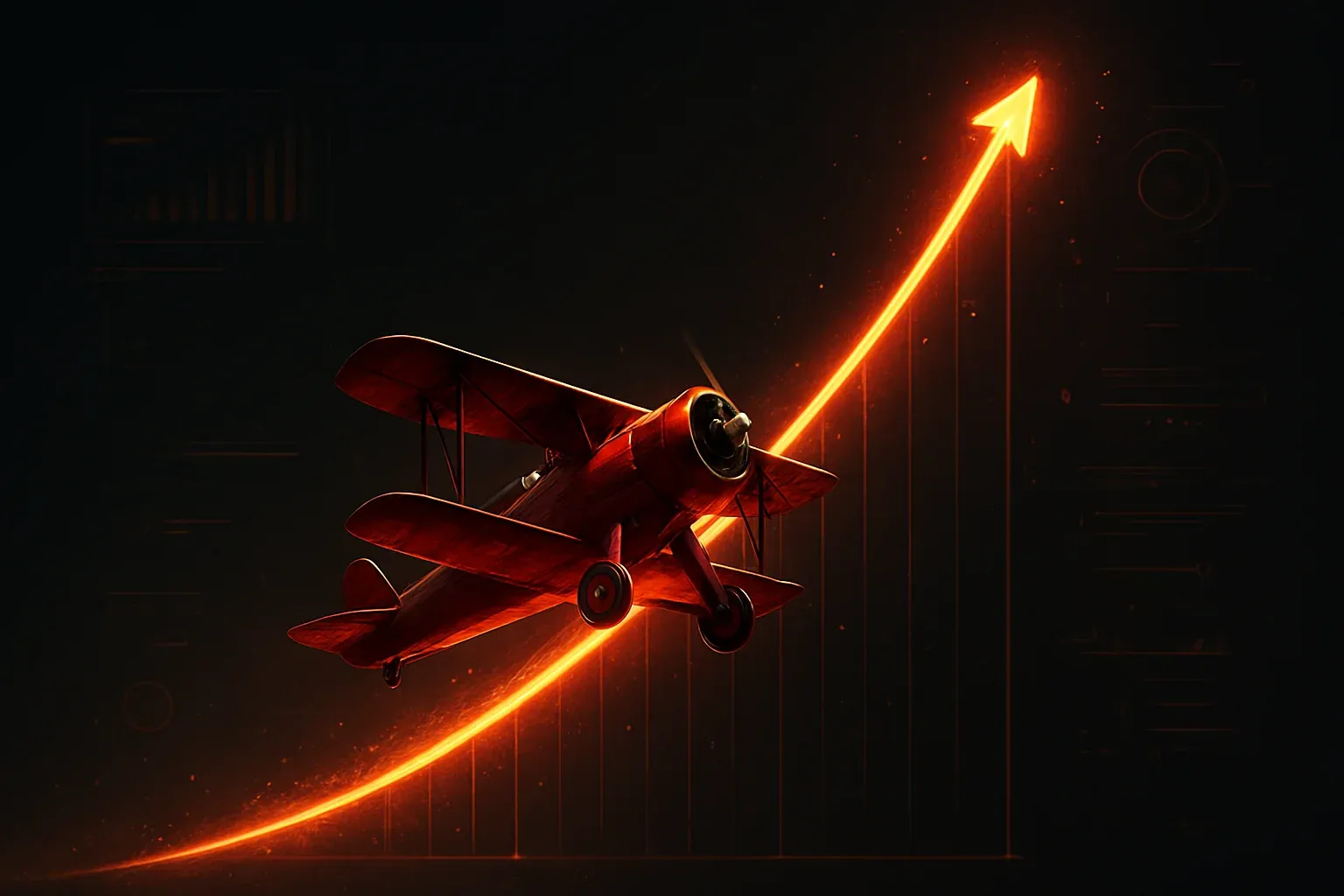 Red aviator plane soaring upward with glowing multiplier trail at night