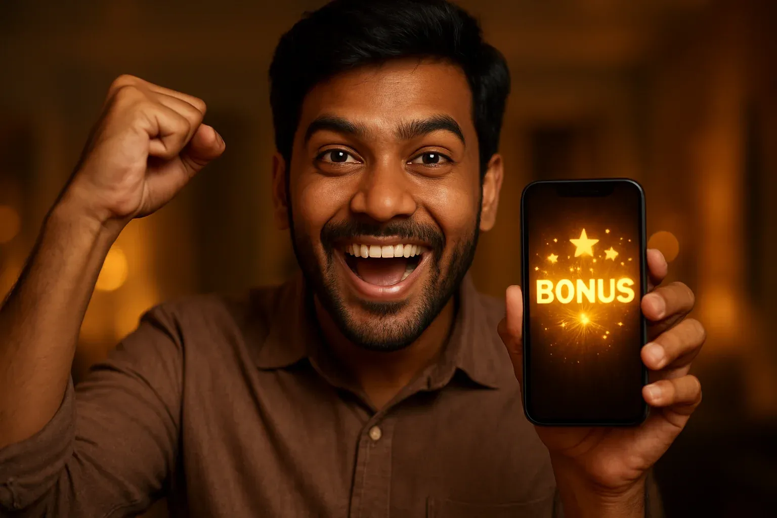 Joyful Bangladeshi man holding smartphone with glowing bonus notification celebration