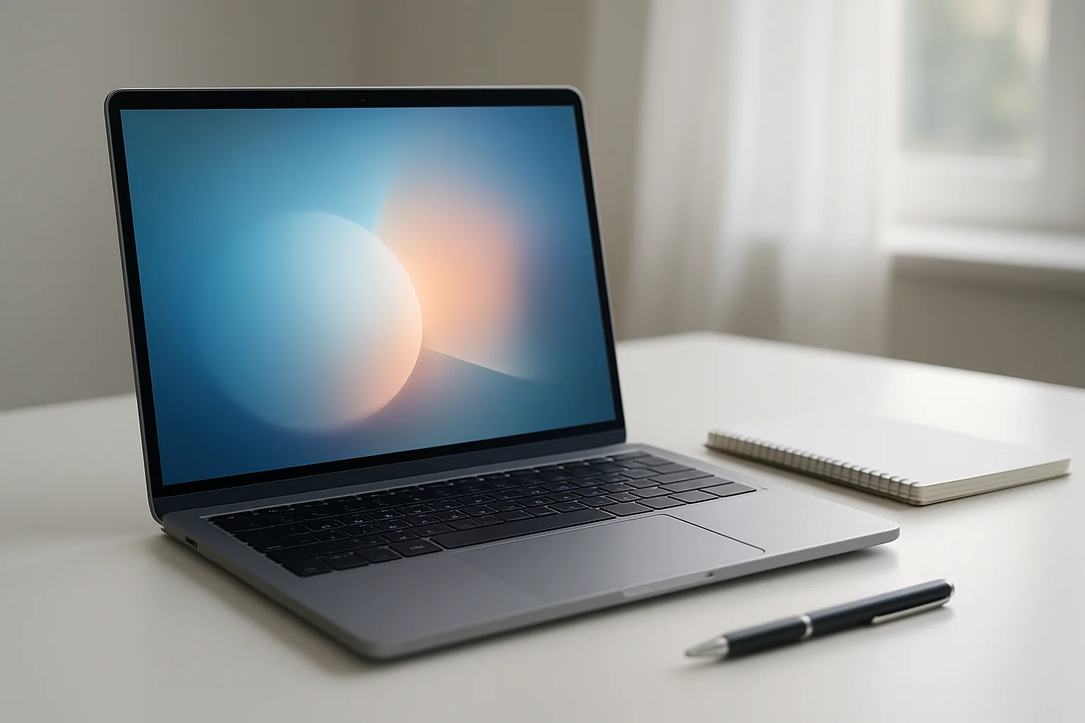 Modern laptop on clean white desk with glowing abstract screen