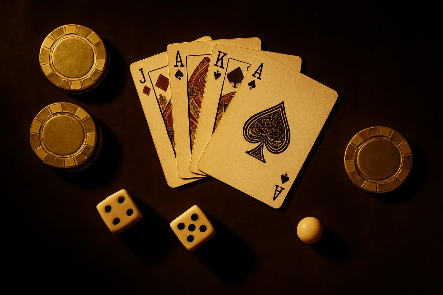 Top-down casino scene with chips, cards, dice, and roulette ball