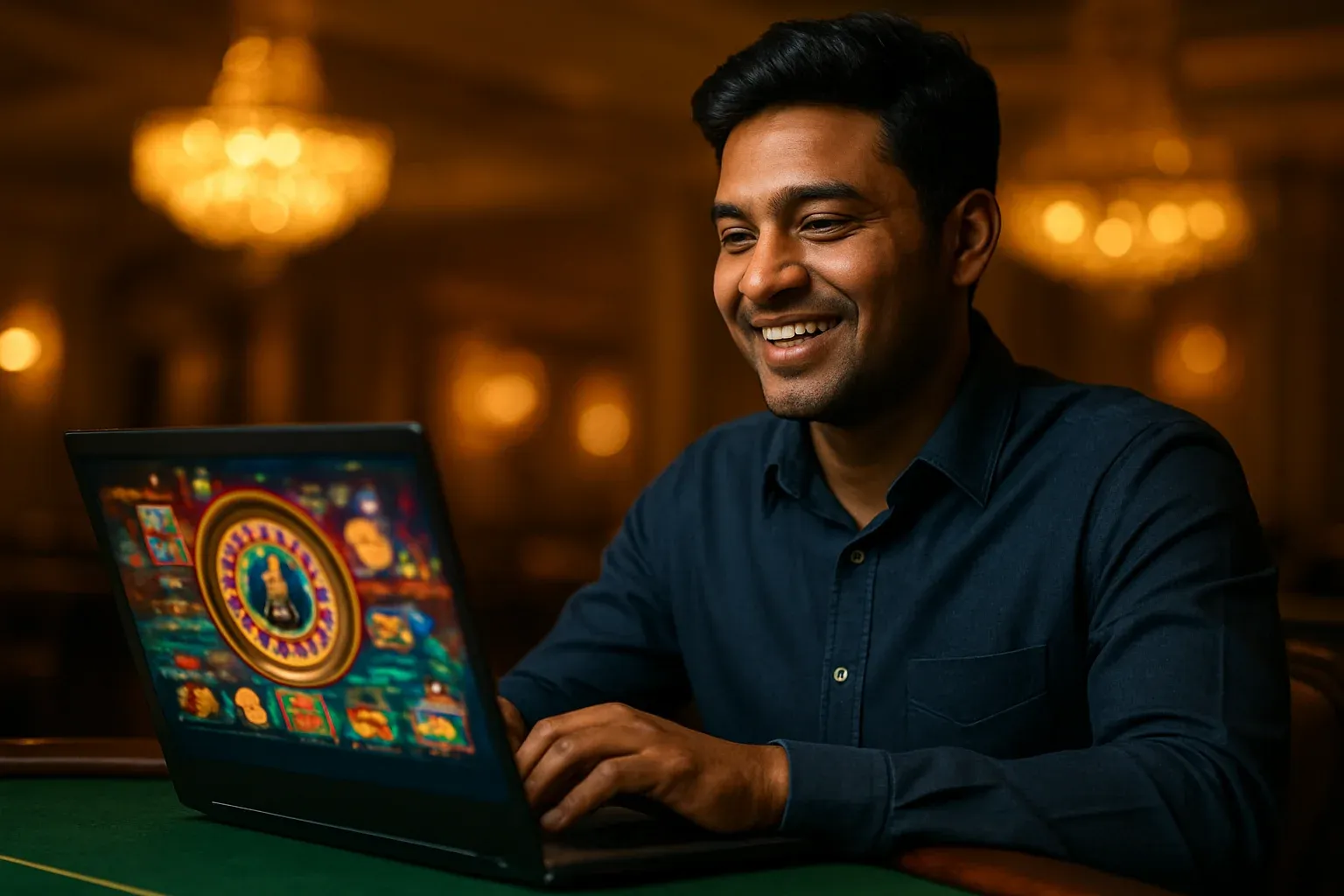 Cheerful Bangladeshi man with open laptop at premium casino lounge