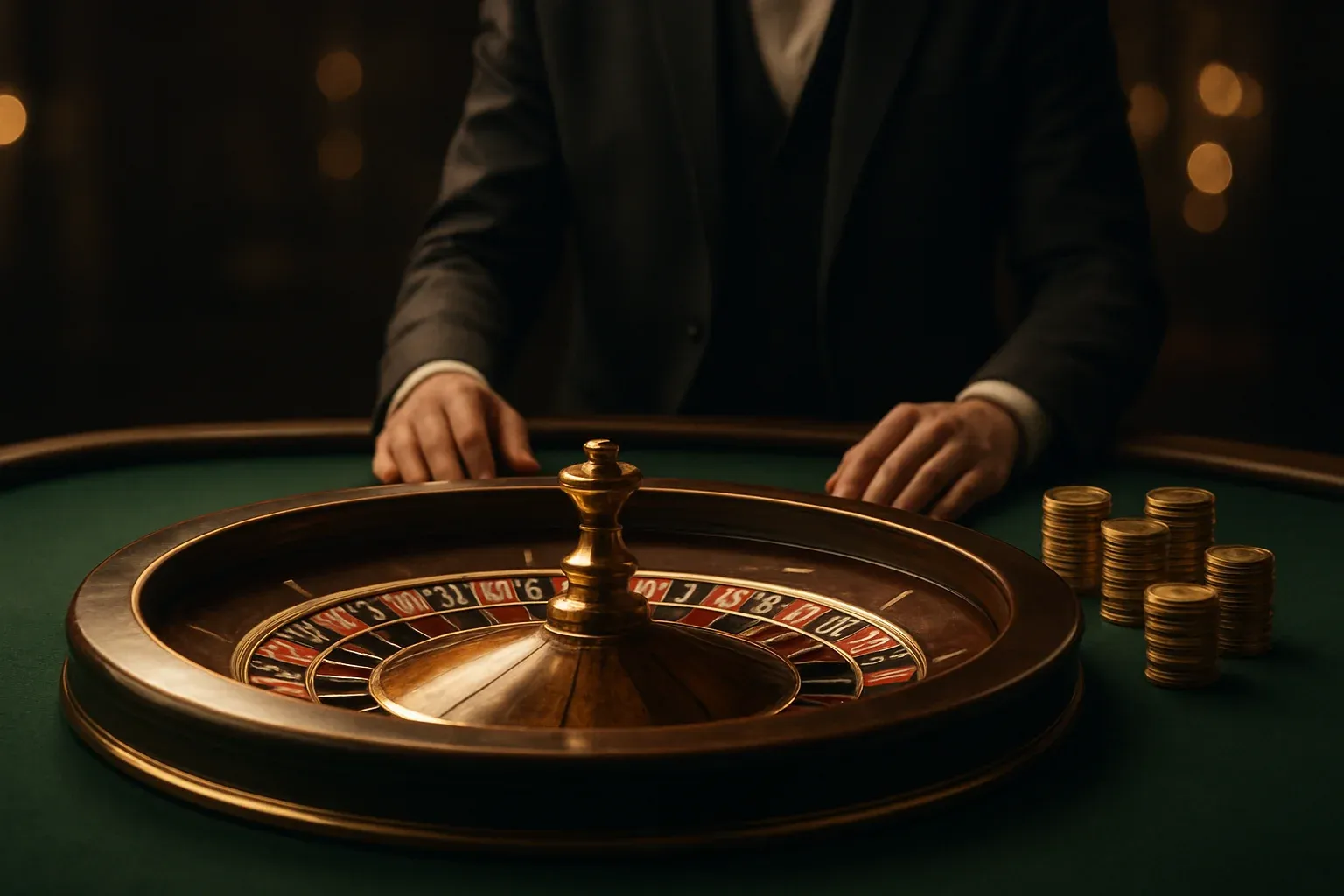 Elegant live casino roulette table with dealer hands and golden chips