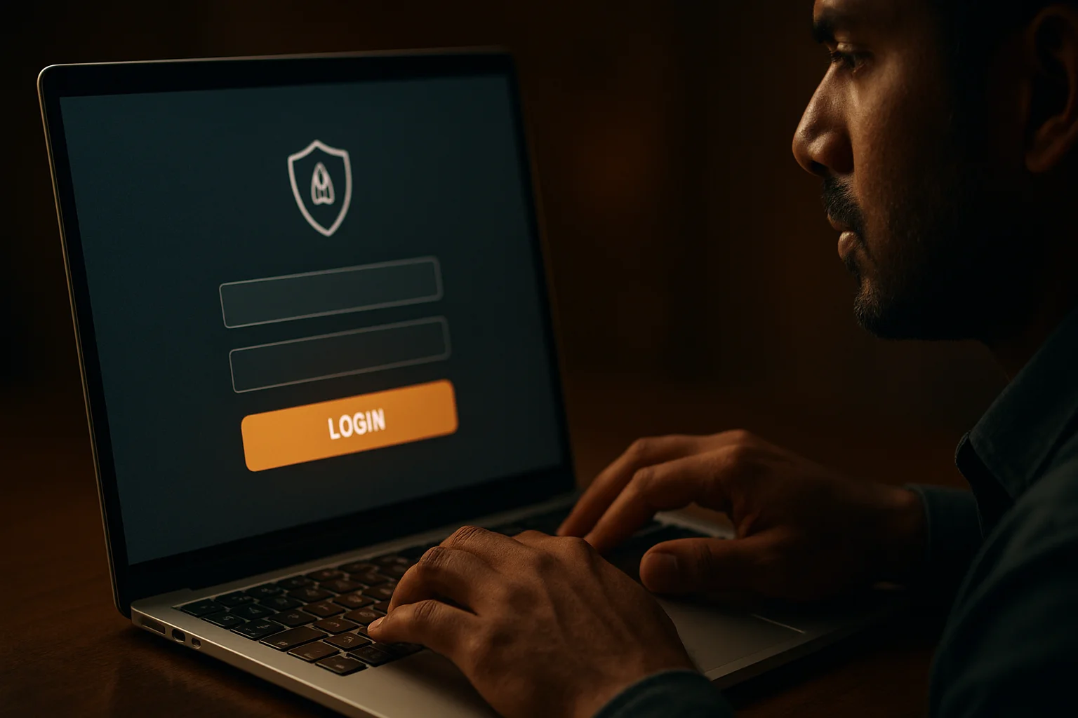 Bangladeshi man's hands on laptop showing stylized login form screen
