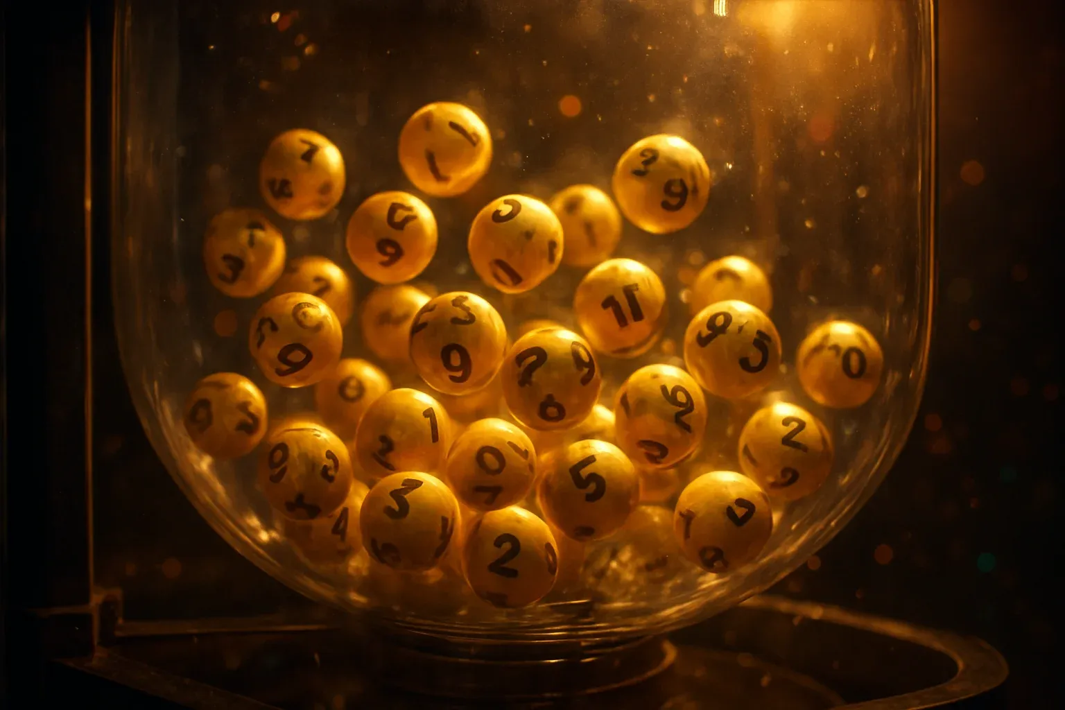 Glowing golden lottery balls tumbling inside transparent draw machine