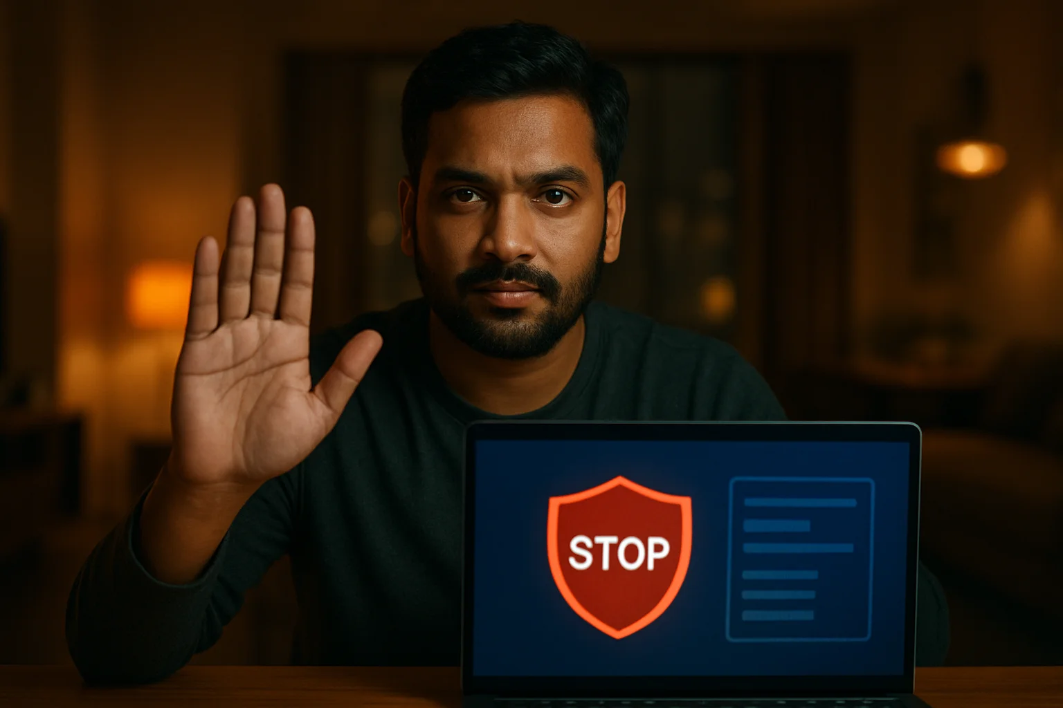 Bangladeshi man shows stop gesture beside laptop with responsible gambling controls