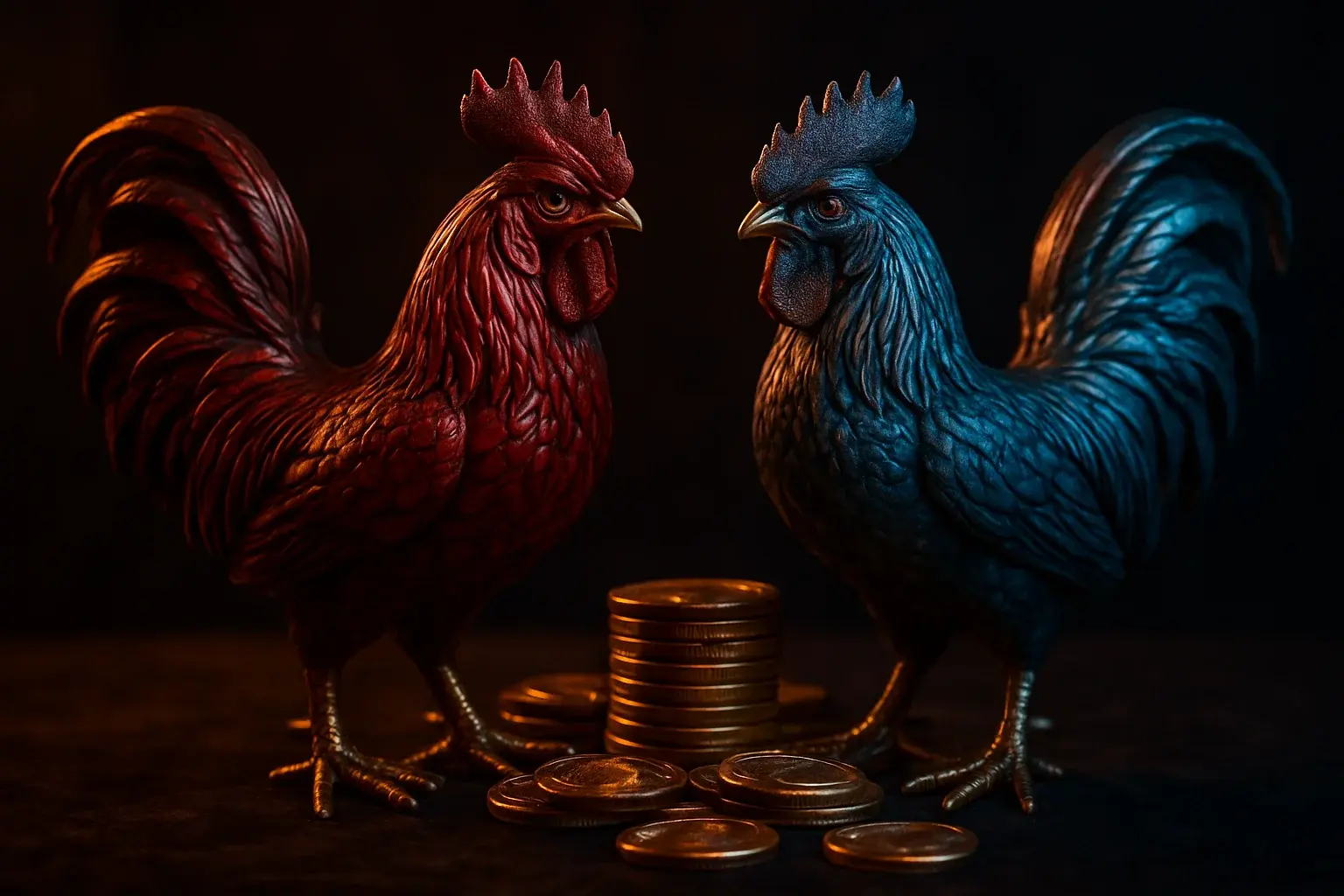 Decorative fighting-rooster figurines with casino chips on dark velvet surface