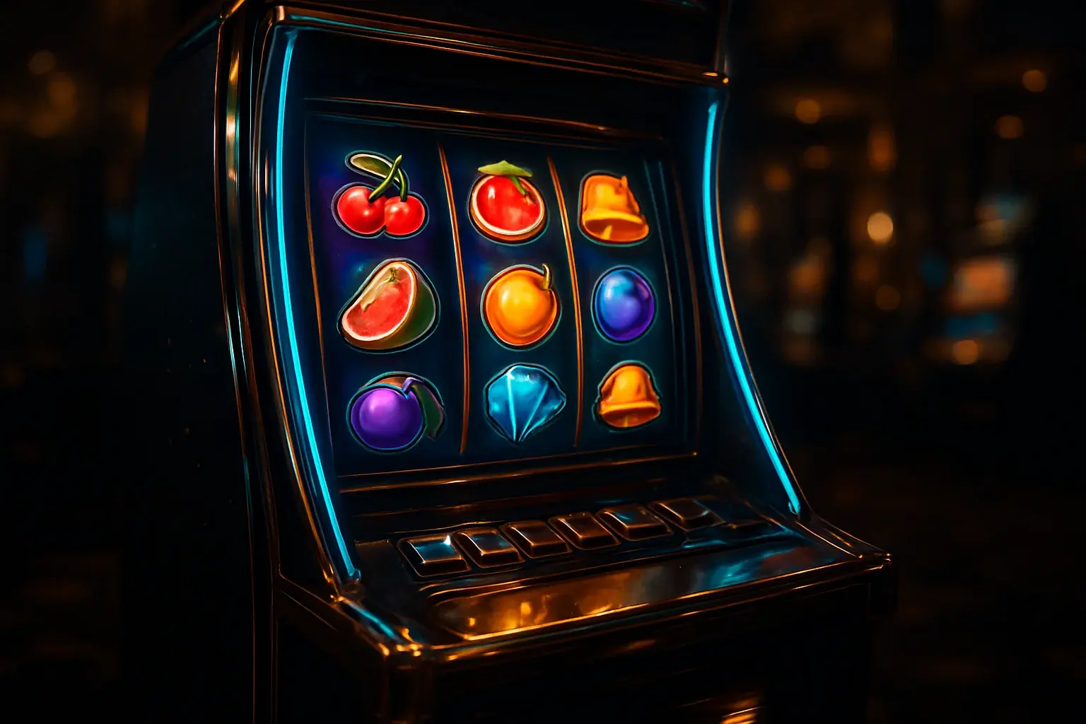 Hyperrealistic premium slot machine with glowing reels in luxury casino